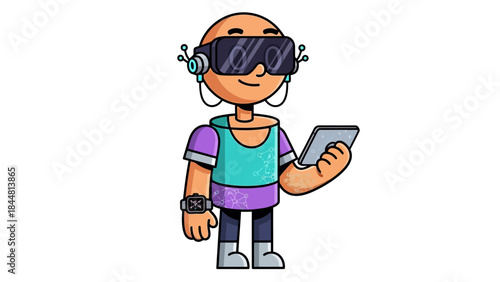 Futuristic cartoon character exploring the digital metaverse with a VR headset and tablet device.