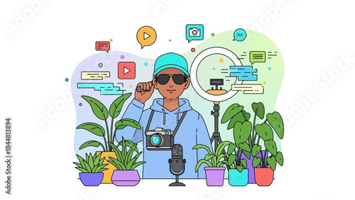 Modern content creator vlogging with a ring light, microphone, camera, and beautiful houseplants.