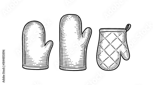 Detailed illustration of three oven mitts in a classic engraving style