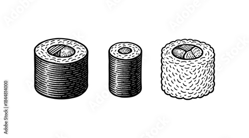 Hand-drawn sushi rolls illustration in black and white on a white background