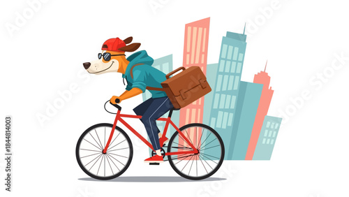 Hip dog mascot riding a bicycle through the colorful stylized city environment.
