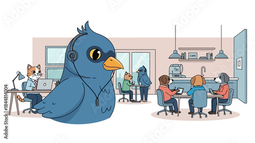 Illustrated anthropomorphic animals collaborating and working in a modern, inclusive office environment.