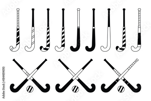 Collection of hockey sticks and balls, various designs and styles, black and white illustration