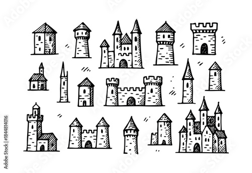 A set of various hand-drawn medieval castles, fantasy towers, and ancient fortresses in a charming doodle style — stock vector.
