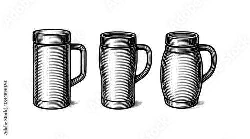 Engraved beer steins illustration in a vintage style on a white background