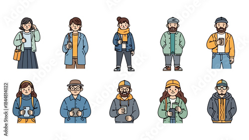 Diverse set of hipster cartoon characters wearing colorful casual clothes holding technology and drinks.