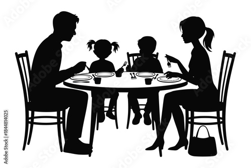 Family Dinner Gathering, Parents and Children, Home Dining Room, Silhouette, Cozy Atmosphere, Side View, Togetherness