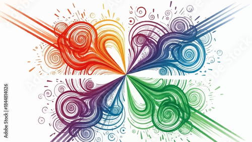 Symmetrical abstract design featuring bright rainbow colors swirling energetically on white.