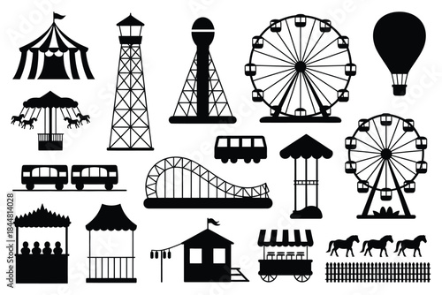  amusement park rides and fairground attractions silhouettes, perfect for carnival-themed graphic design projects