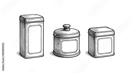 Vintage tea tins illustration in detailed engraving style on a white background