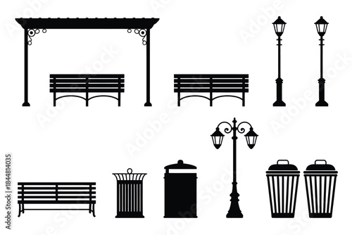 Street Furniture, City Square, Illustration, Urban Environment, Side View, Design Elements