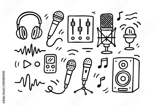A collection of doodle-style audio recording and music production equipment, including various microphones, headphones, mixers, speakers, and sound waves — stock vector.