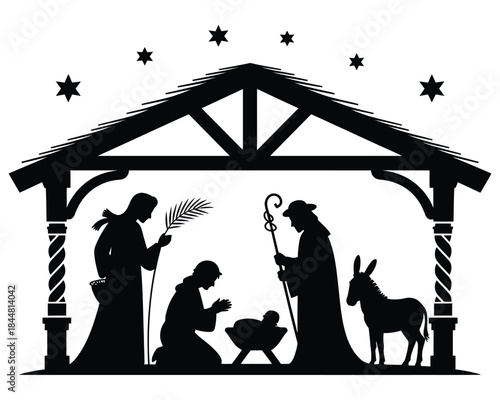Traditional Christmas Nativity Scene Silhouette Illustrating the Birth of Jesus Christ in a Humble Stable with Holy Family and Guiding Stars