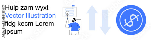 Financial planning, data exchange, business strategy, currency transfer, digital economy, analytics. Person exploring ideas and dollar symbol with arrows. Financial planning and data exchange