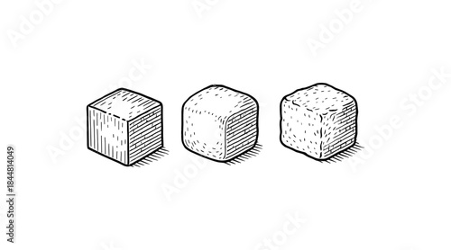 Isometric cubes in a row with different textures and shading on white background