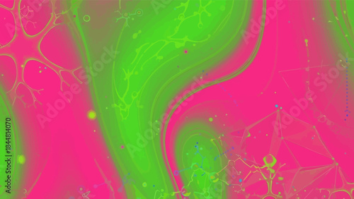 Vibrant neon pink and lime green abstract background featuring fluid organic and complex geometric shapes.