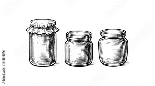 Vintage hand-drawn illustration of three glass jars with lids on white background