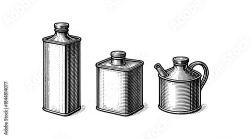 Vintage oil cans illustration in a detailed engraved style, isolated on white