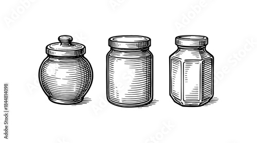 Vintage engraved jars illustration in black and white, isolated on white background