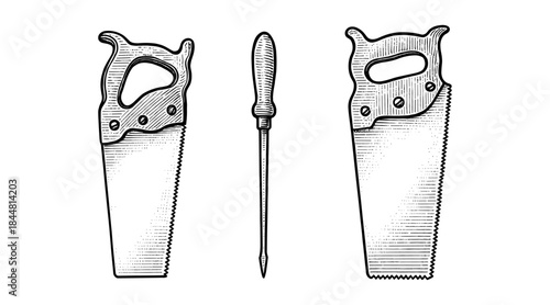 Vintage hand saws and screwdriver illustration on a white background