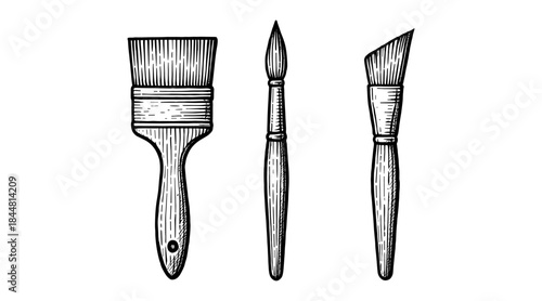 Detailed illustration of three artist paint brushes in a vintage engraving style