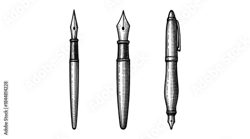 Ink pens illustration in vintage engraving style on a white background