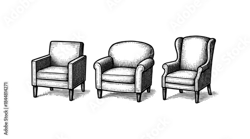 Vintage Armchairs Illustration: Classic Furniture Designs in Engraved Style