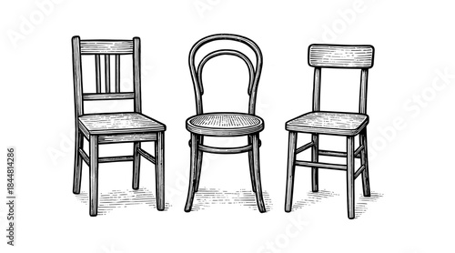 Vintage chair illustrations in a detailed black and white line art style