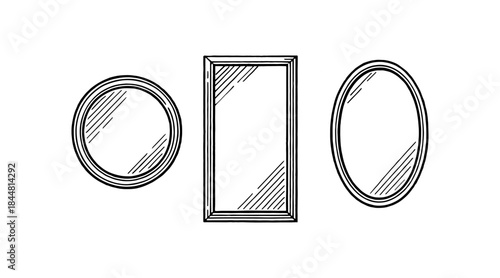 Line art illustration of three different mirror shapes on white background