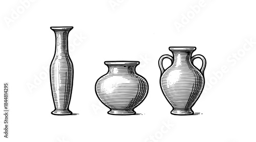 Detailed illustration of three antique vases in a classic engraving style