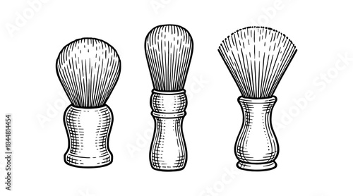 Vintage shaving brushes in a detailed hand-drawn illustration on a white background
