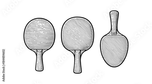 Engraved ping pong paddles in a row, isolated on a white background
