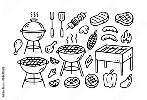 A monochrome collection of hand-drawn doodle icons depicting barbecue grills, various meats, vegetables, and grilling tools — stock vector.