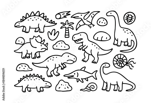 A charming collection of hand-drawn cartoon dinosaurs and prehistoric elements in a black and white outline style, perfect for children's designs and educational content — stock vector.