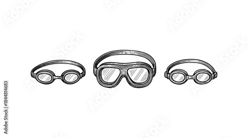 Vintage swimming goggles illustration in black and white on a white background