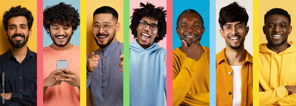 Obraz premium A lively set featuring a group of seven men displaying happiness and enthusiasm.