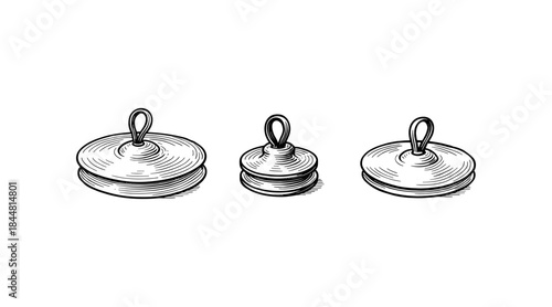 Hand-drawn illustration of three cymbals in a row, isolated on white background
