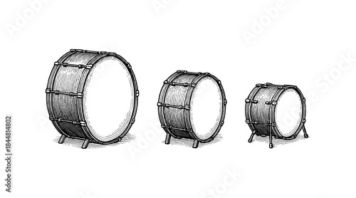 Engraved illustration of three bass drums in a row on a white background