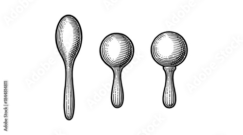 Engraved illustration of three different spoons on a white background
