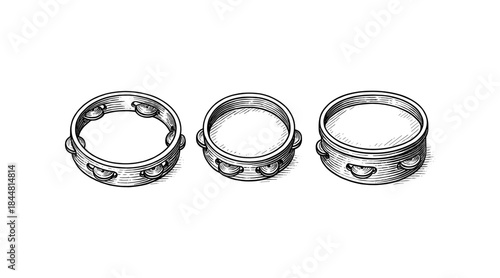 Detailed illustration of three tambourines in a row, isolated on white background