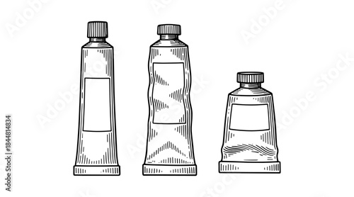 Ink drawing of three paint tubes in a row, artistic illustration