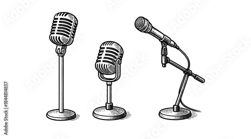 Vintage Microphone Illustrations in Black and White on a White Background