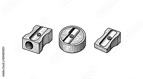 Detailed illustration of three pencil sharpeners in different perspectives