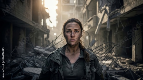 Wallpaper Mural Civilian woman in ruined city showing impact of war Torontodigital.ca