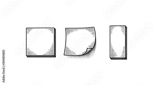 Engraved illustration of sticky notes in different perspectives on white background