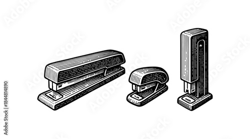 Engraved illustration of staplers in various styles and sizes on white