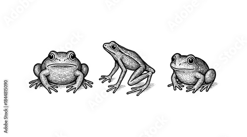 Detailed illustration of three frogs in a vintage engraving style