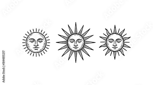 Vintage sun illustrations with faces in a line, perfect for design projects
