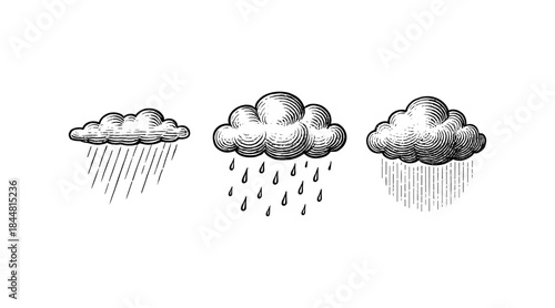 Engraved clouds with rain, vintage weather illustration on white background