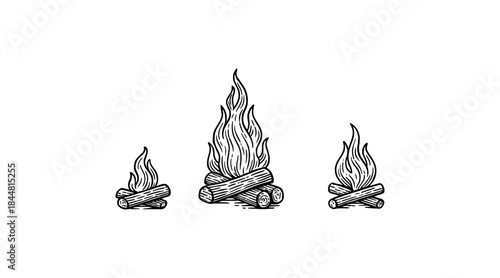 Hand-drawn campfire illustration with burning flames and firewood on white background
